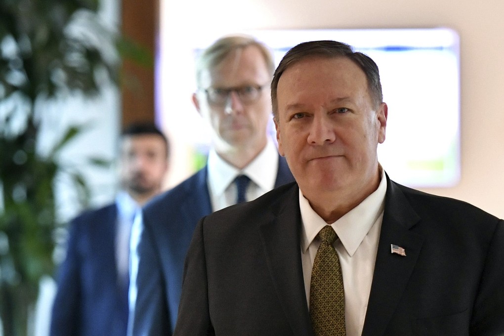 US Secretary of State Mike Pompeo arrives to speak to the media before departing from al-Bateen Air Base in Abu Dhabi. Photo: Pool via AP