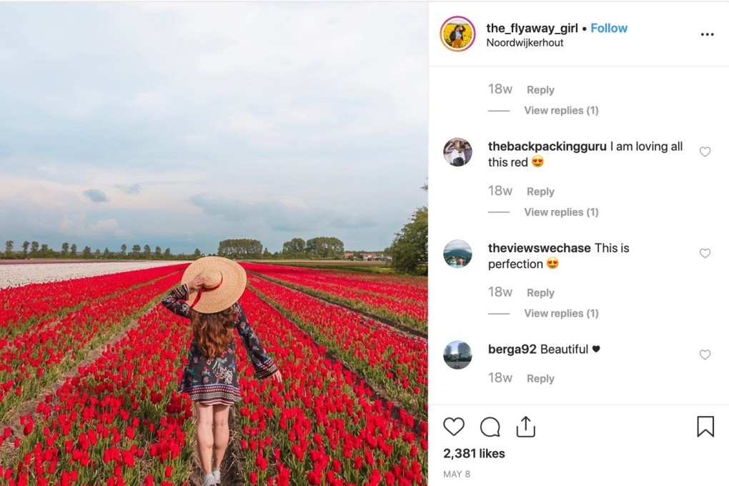 The Netherlands’ tulip fields are a powerful draw for those looking to get the perfect Instagram photo, but inconsiderate visitors have caused farmers to suffer. They are among destinations around the world battling excessive tourist numbers. Photo: Instagram / @the_flyaway_girl