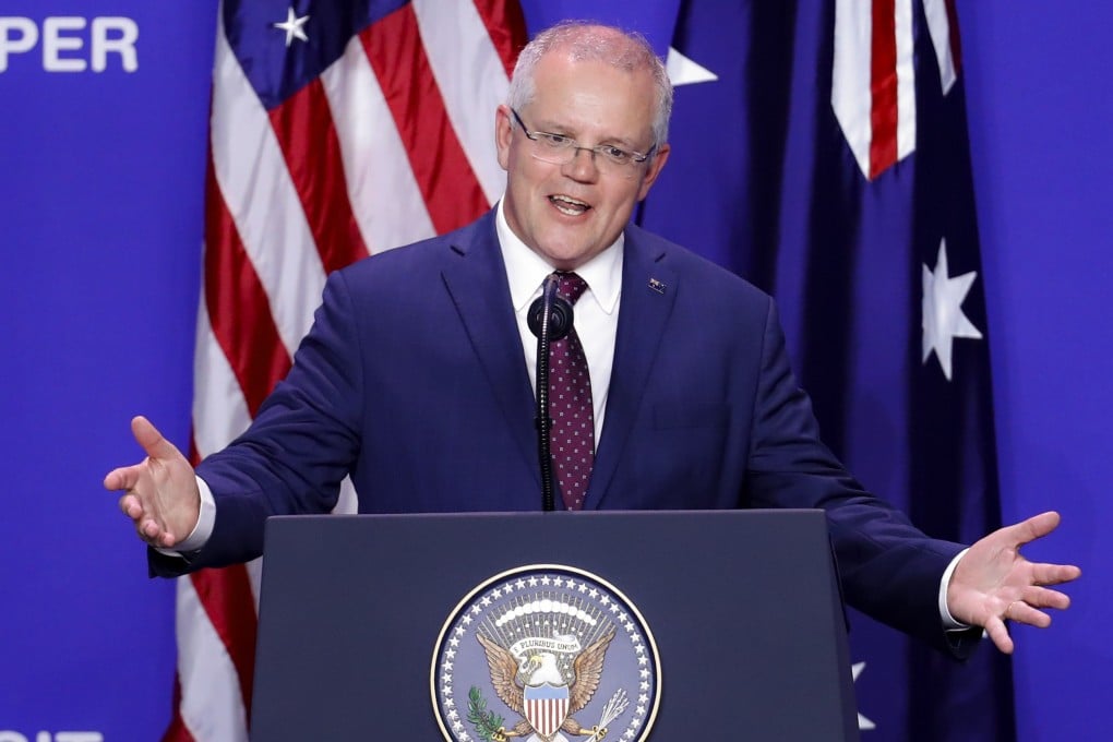 Australian Prime Minister Scott Morrison speaks during a joint visit with US President Donald Trump to mark the opening of an Australian-owned Pratt Industries plant in Ohio on Sunday. Photo: AP