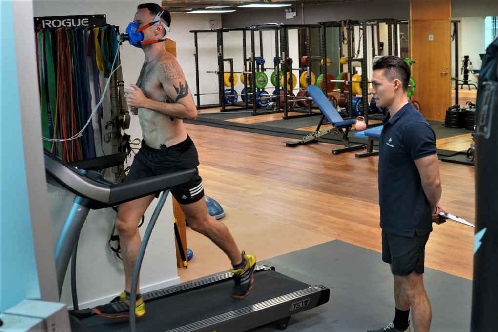 Patrick Blennerhassett gets his VO2 max tested under the watchful eye of Joint Dynamics exercise physiologist Geoffrey Bland. Photo: Erwan Desvalois