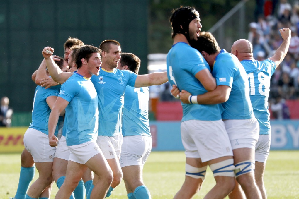 Uruguay players celebrate after defeating Fiji at the Rugby World Cup in Kamaishi, northeastern Japan. Photo: AP