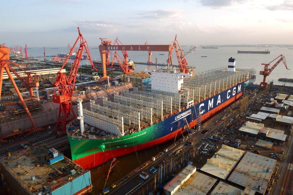 An undated handout photo of the CMA-CGM Group’s Jacques Saade, with the capacity to carry 23,000 twenty-foot equivalent units (TEUs) of container cargo, being assembled at Shanghai’s Jiangnan-Changxing shipyard. The vessel is the world’s largest ship to be powered by liquefied natural gas (LNG). Photo: SCMP/Handout