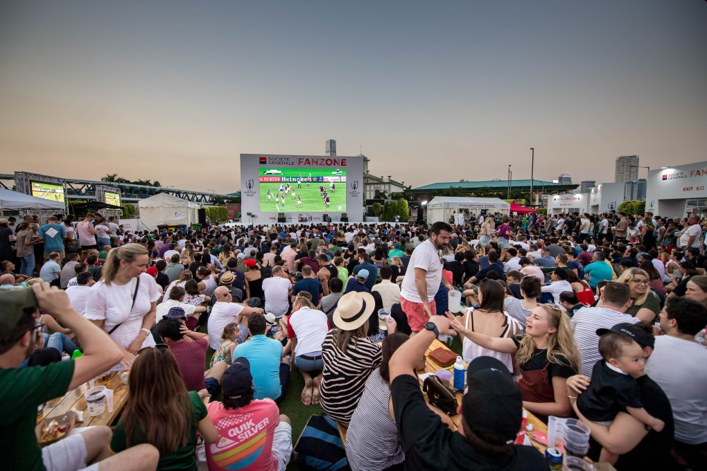 The Rugby World Cup fanzone has been an instant hit with locals already down at the Central Harbourfront by the Hong Kong Observation Wheel. Photo: Ike Li/Ike Images