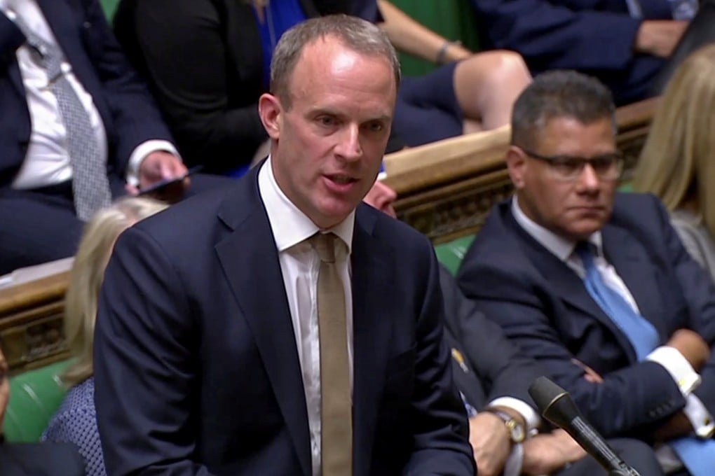 Britain's Foreign Secretary Dominic Raab speaks in parliament on Wednesday. Photo: British Parliament TV via Reuters