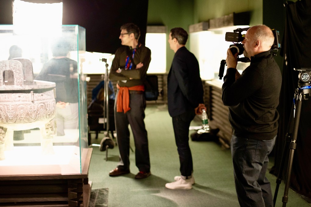 A BBC crew filming the Da Ke Ding 3,000-year-old bronze cauldron at the Shanghai Museum for China’s Greatest Treasures. Photo: BBC