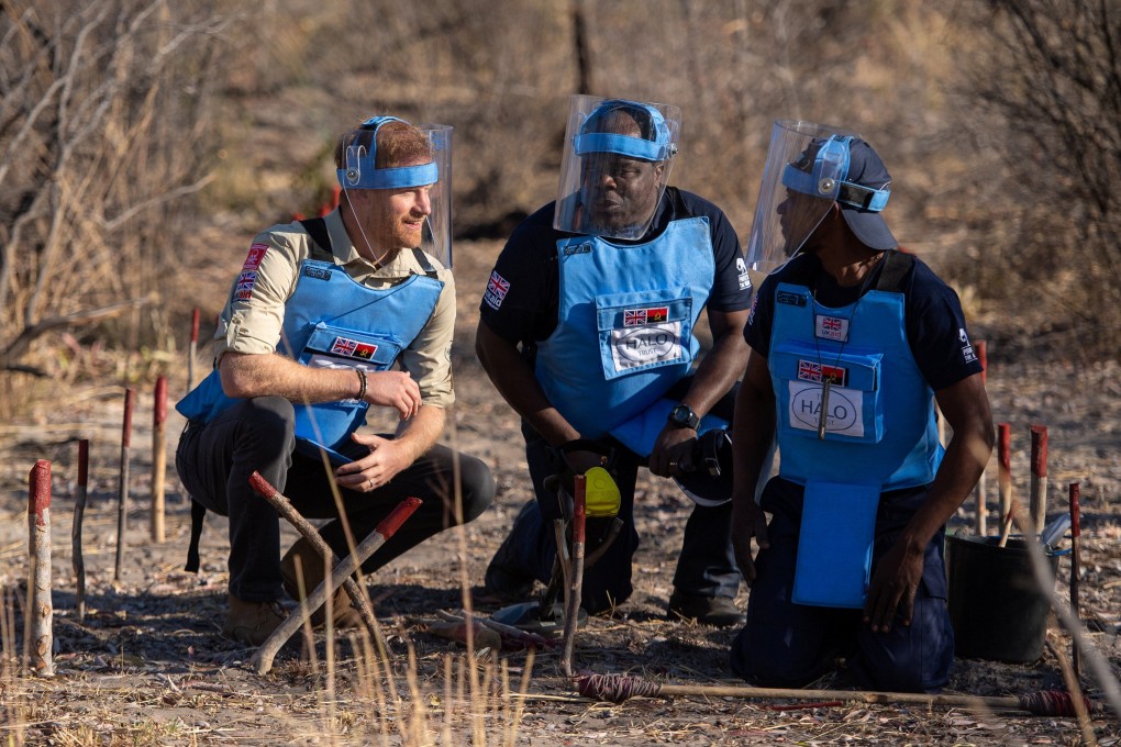 Britain’s Prince Harry, Duke of Sussex, visits a working demining field with the Halo Trust in Angola on Friday. Photo: Reuters
