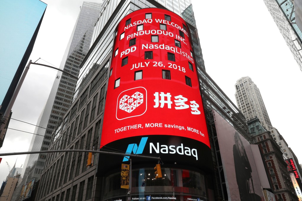 A Nasdaq display in Times Square in New York after the Chinese online group discounter Pinduoduo Inc. was listed on the exchange in 2018. Large companies such as Pinduoduo have had more success in US stock markets than smaller companies that are proving less popular. Photo: Reuters