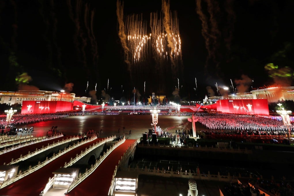 The number 70 formed by fireworks over Tiananmen Square during the evening gala to mark the 70th anniversary of the founding of the People's Republic of China. Photo: Reuters