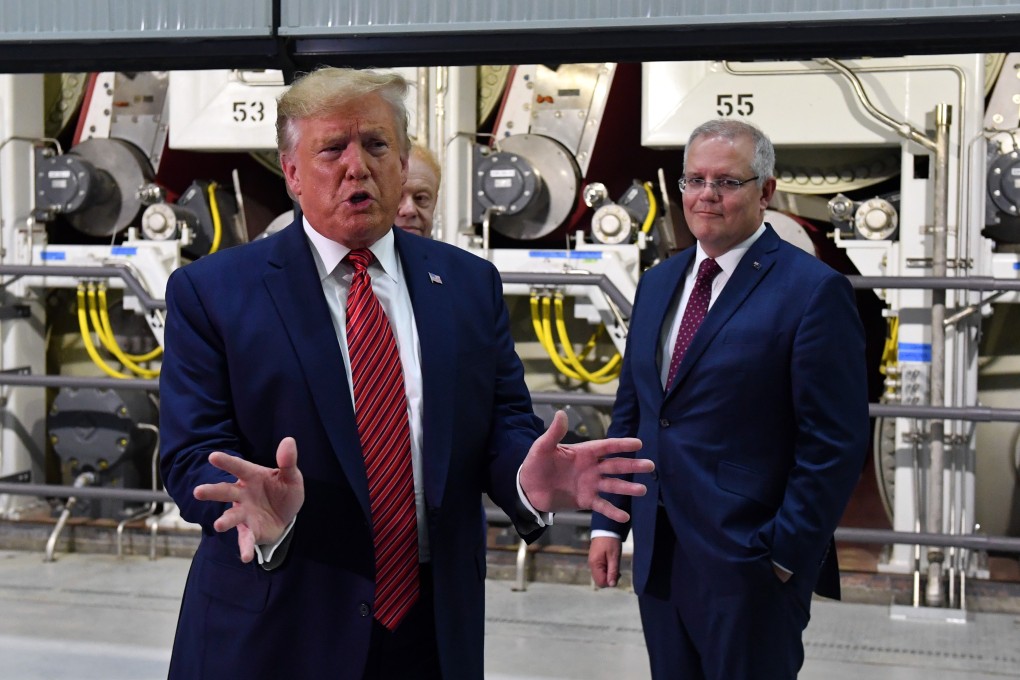 US President Donald Trump alongside Australian Prime Minister Scott Morrison during a joint visit to mark the opening of the Pratt paper plant in Ohio on September 22. Photo: dpa
