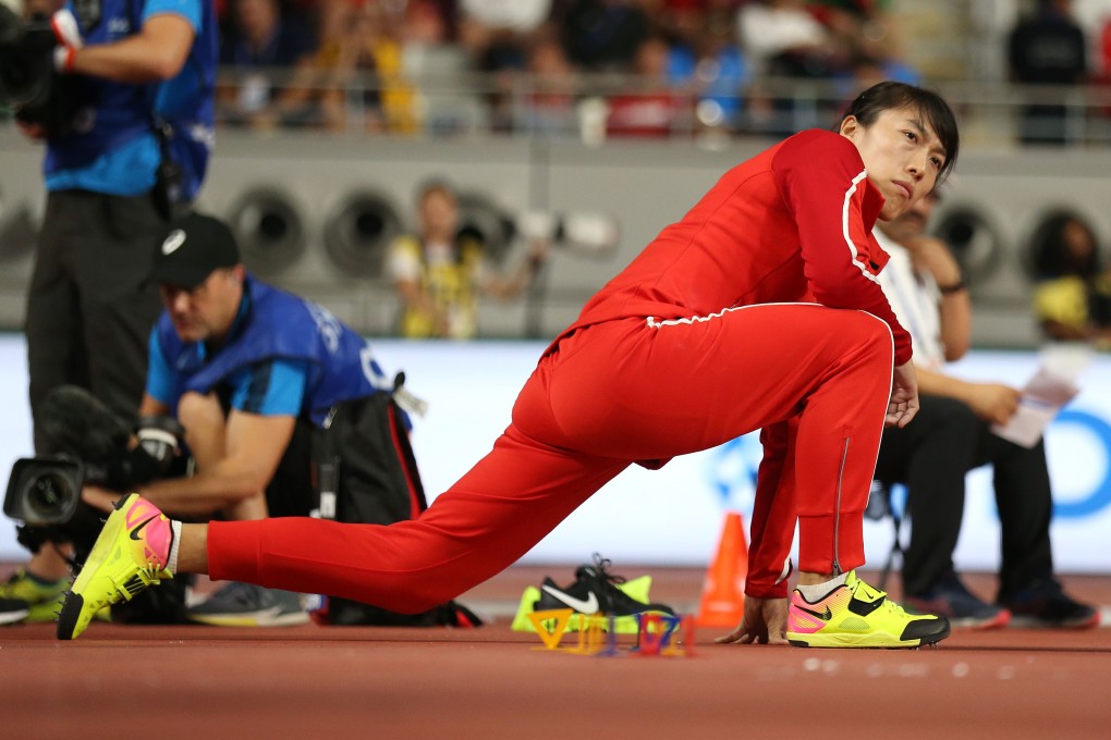 China’s Lyu Huihui warms up before the women's javelin throw qualifying round in Doha. Photo: Xinhua