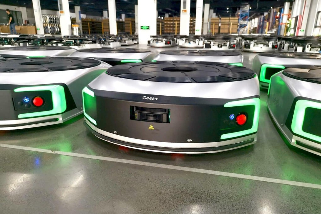 Logistics robots from Geek+ Technology are seen at the company’s factory in Nanjing, capital of the eastern coastal province of Jiangsu. These moving systems are deployed to carry shelves for inventory management in modern automated warehouses. Photo: Handout