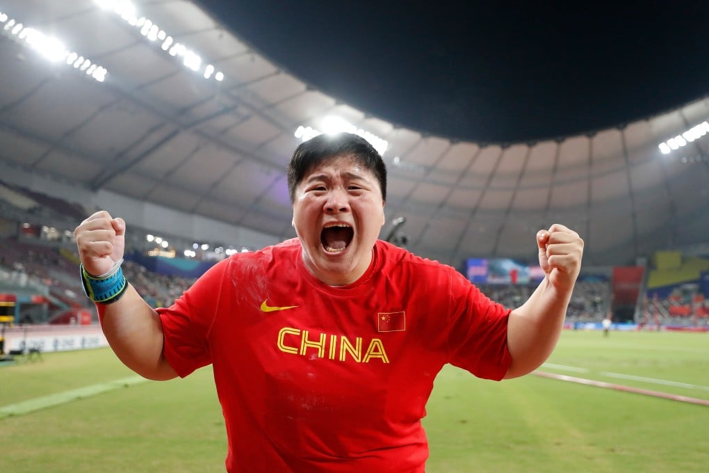 China’s Gong Lijiao celebrates after winning the world title in Doha. Photo: Xinhua