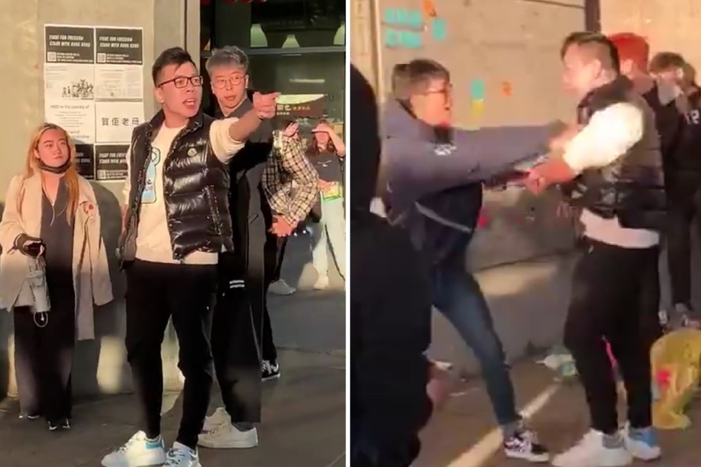 A counterprotester challenges supporters of the Hong Kong protest movement before being shoved at an incident in Richmond, British Columbia, on Tuesday, China’s National Day. Photos: Handout