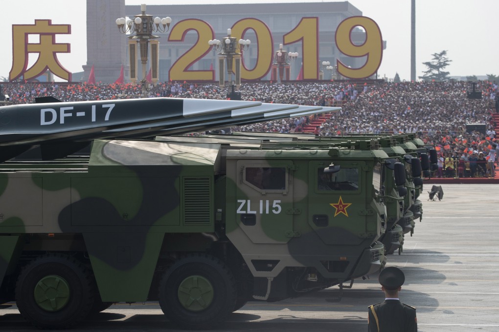 DF-17 ballistic missiles designed to carry a hypersonic glider are paraded on military vehicles in Tiananmen Square on October 1. The missile can fly beyond Mach 5, is manoeuvrable, allowing it to evade anti-missile defences, and can carry a nuclear warhead. Photo: AP