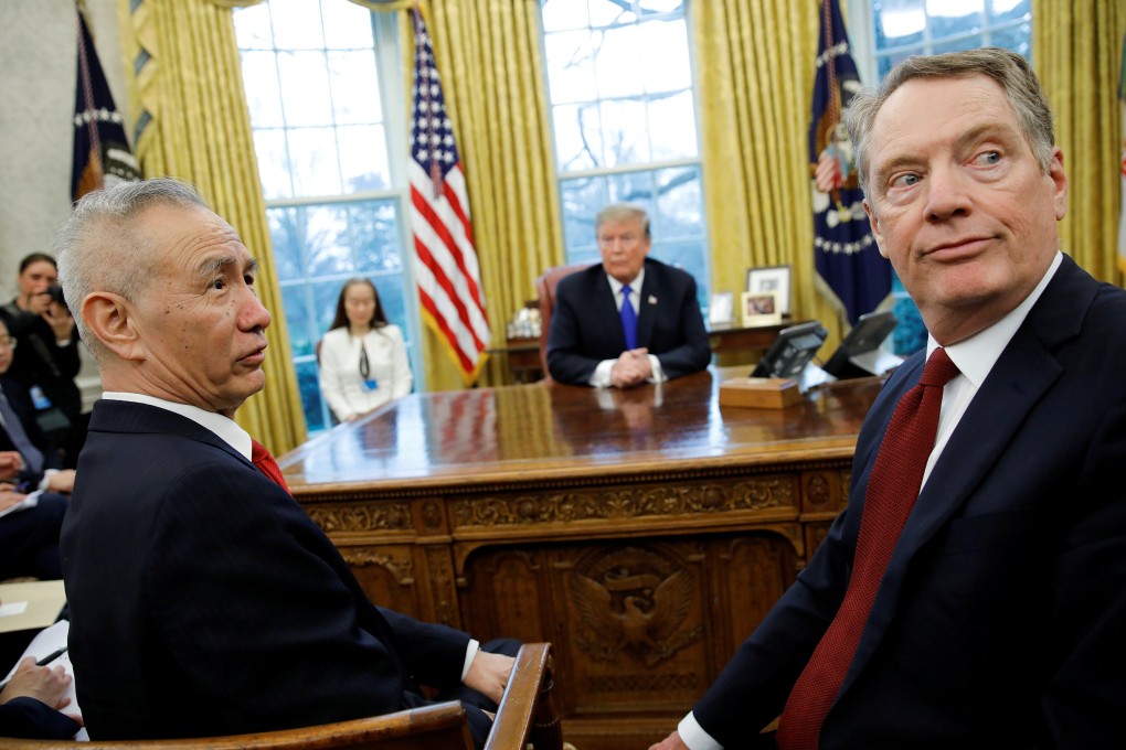 China's Vice-Premier Liu He and US Trade Representative Robert Lighthizer turn during a meeting with President Donald Trump in February. Tariff-focused negotiations will only produce discussions at cross-purposes. Photo: Reuters