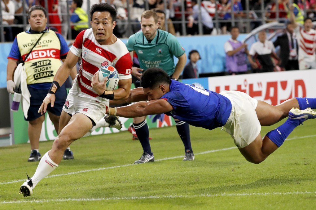Japan's Kenki Fukuoka runs in to score a try against Samoa in the Rugby World Cup pool A game at City of Toyota Stadium. Photo: AP