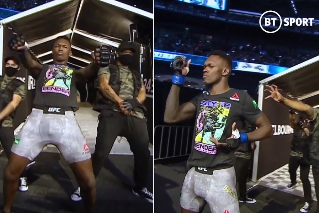 Israel Adesanya performs a dance routine for his walkout at UFC 243. Photo: YouTube/BT Sport