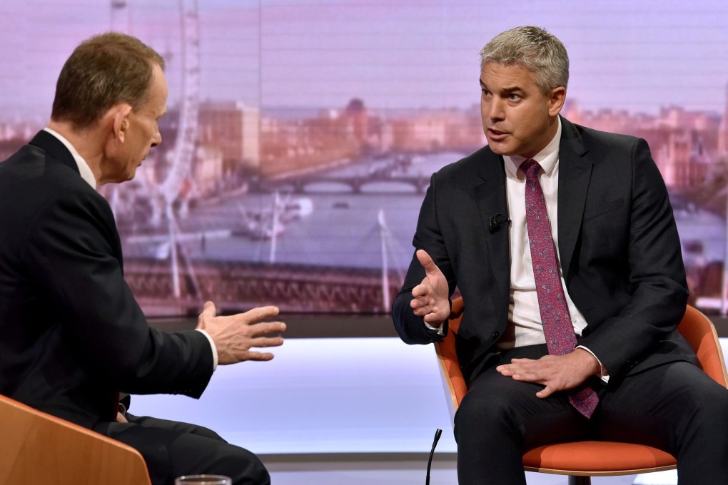 Britain's Secretary of State for Exiting the European Union (Brexit Minister) Stephen Barclay (R) gestures as he speaks to Andrew Marr (L) during an appearance on the BBC. Photo: Handout via AFP
