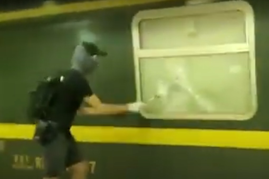 A train on its way to Guangzhou on Friday was attacked by a group of black-clad assailants in face masks at Fanling station. Photo: Handout