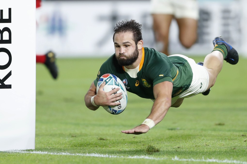 South Africa’s Cobus Reinach scores a try against Canada during the first half of the Rugby World Cup pool B match in Kobe. Photo: Kyodo