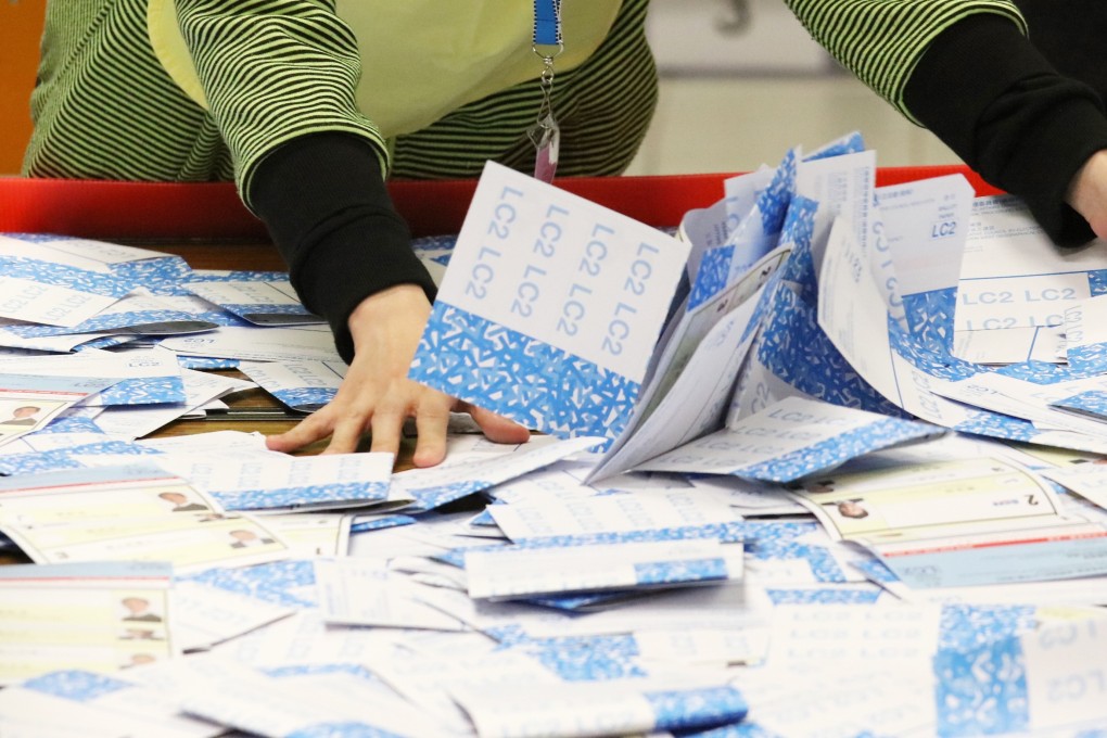 Voting slips are gathered at a counting station during the 2018 Legislative Council by-election. Photo: Felix Wong