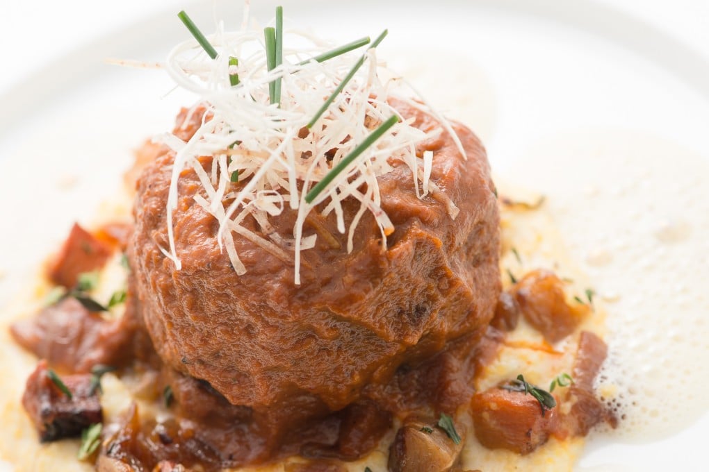 Hong Kong protest dining deals. Braised short rib of beef and soft grits in Meaux mustard sauce from Café Gray Deluxe in Admiralty.