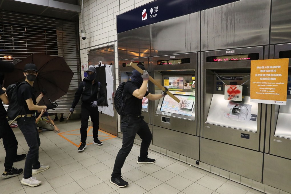 Anti-government protesters vandalise facilities at Sha Tin Wai MTR station on October 7, 2019. Photo: Sam Tsang