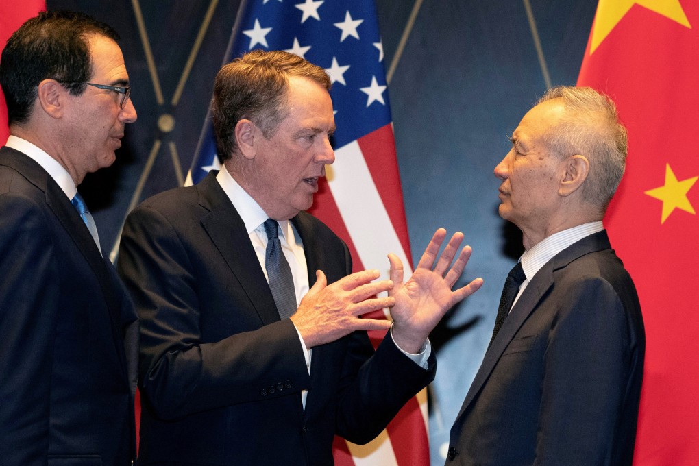 US Trade Representative Robert Lighthizer (centre) and Treasury Secretary Steven Mnuchin chat with Chinese Vice-Premier Liu He in Shanghai on July 31. Photo: Reuters