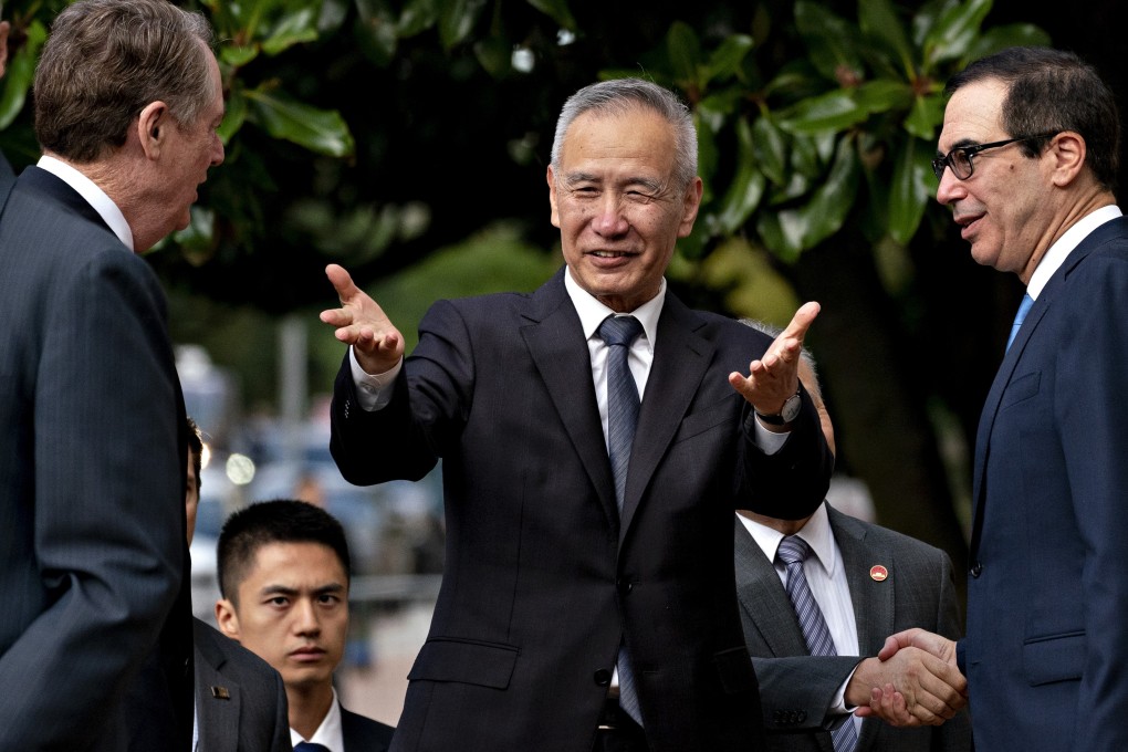 Liu He, China's vice-premier (centre) greets US Trade Representative Robert Lighthizer (left) and US Treasury Secretary Steven Mnuchin (right) as he arrives Thursday for a resumption of trade talks in Washington. Photo: Bloomberg