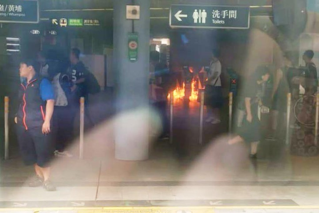 The view from a train in Kowloon Tong station after petrol bombs are thrown. Photo: Facebook