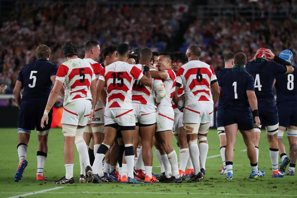 Japan celebrate Keita Inagaki’s try against Scotland. Photo: Reuters