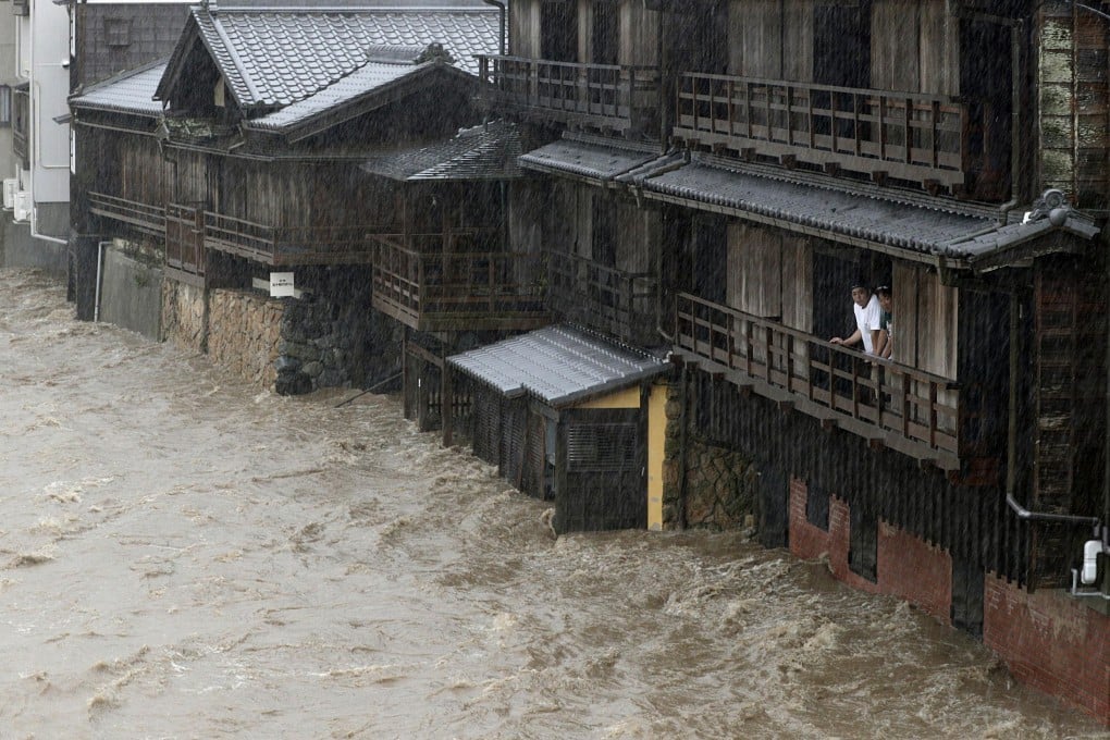 The Isuzu River in Ise, central Japan, is swollen by Typhoon Hagibis. Photo: Kyodo via AP