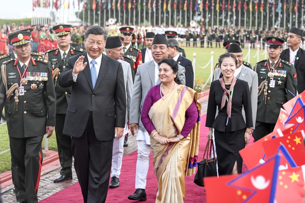 Chinese President Xi Jinping attends a welcoming ceremony held by Nepali President Bidya Devi Bhandari on his arrival in Kathmandu. Photo: Xinhua