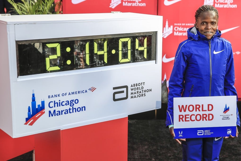 Brigid Kosgei of Kenya sets a new women world record time of 2:14:04 and now thinks 2:10 might one day be possible. Photo: EPA