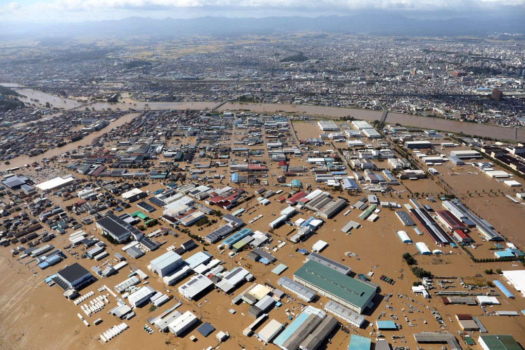 An aerial picture shows flooding in Koriyama, Fukushima prefecture, Japan. Photo: EPA-EFE