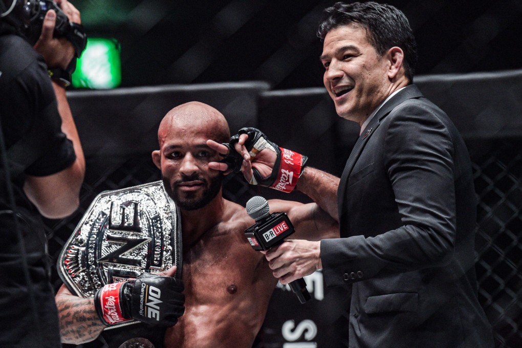 Demetrious Johnson speaks to commentator Mitch Chilson. Photo: One Championship