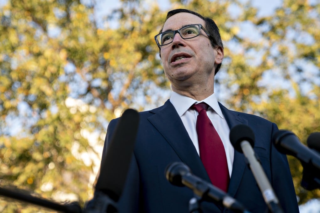 US Treasury Secretary Steven Mnuchin speaks to reporters outside the White House in Washington on Monday. Mnuchin said high-level trade talks between China and the US will resume next week as the two sides aim to set a “phase one” deal during an upcoming regional leaders forum next month. Photo: Bloomberg