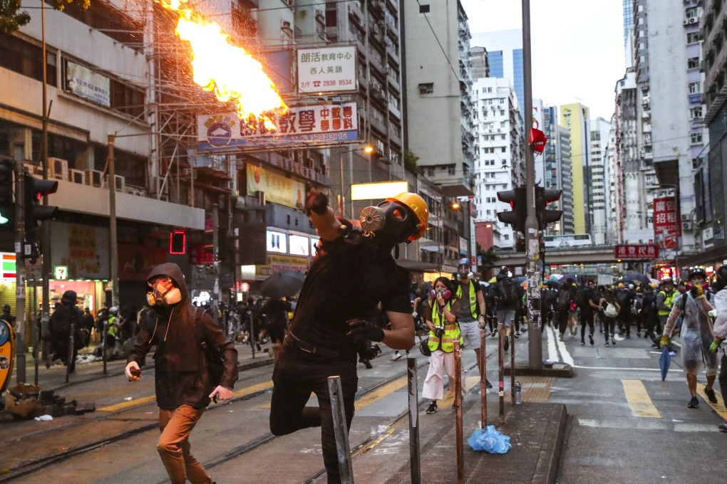 Protesters throw petrol bombs at police during recent anti-government protests against the government’s new anti-mask law. Photo: Sam Tsang