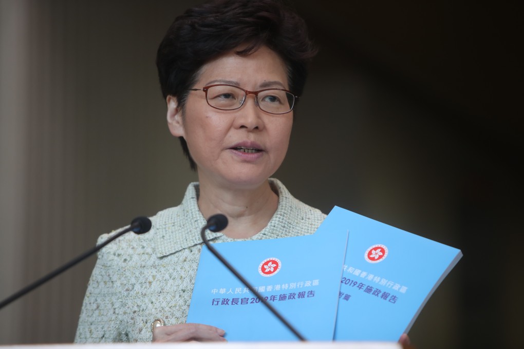 Chief Executive Carrie Lam chose a sky-blue colour for her policy address in the hopes that blue skies will be returning to Hong Kong soon. Photo: Winson Wong