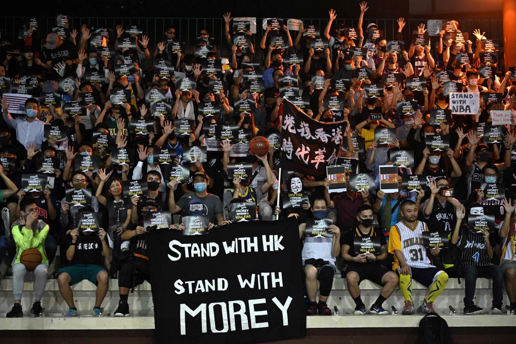 Protesters rally at Southorn Playground in Hong Kong on Tuesday in support of Houston Rockets general manager Daryl Morey. Photo: AFP