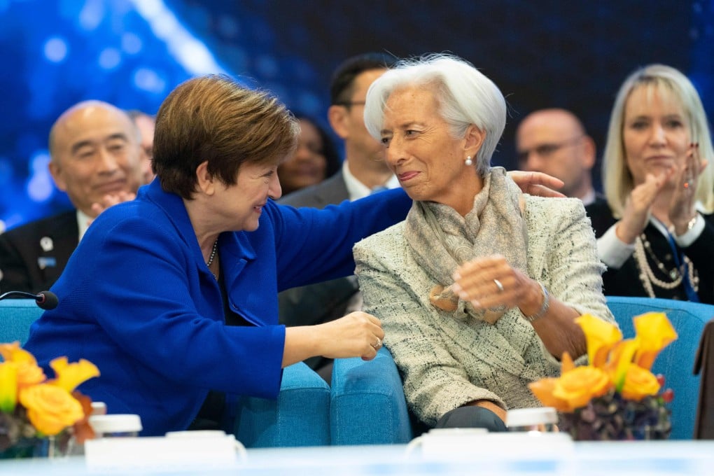 International Monetary Fund Managing Director Kristalina Georgieva, left, with the incoming European Central Bank President Christine Lagarde at the IMF Headquarters during the 2019 IMF/World Bank annual meetings on Saturday in Washington. Photo: AFP