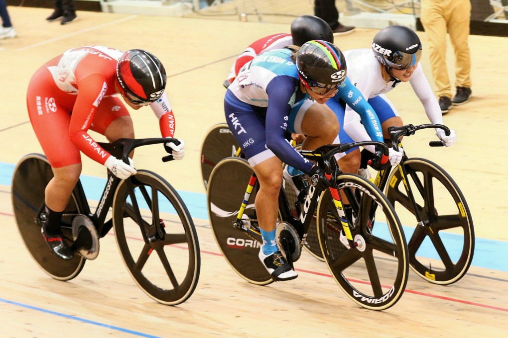Sarah Lee (in blue) on her way to bagging gold in the women’s keirin final at the Asian track championships in Jincheon, South Korea. Photos: HKCA