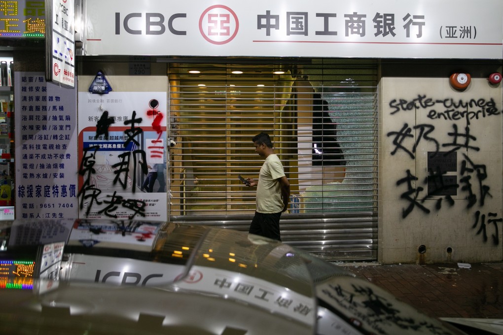 A vandalised ICBC branch, one of a number of mainland-linked businesses targeted by Hong Kong protesters in more than four months of anti-government demonstrations. Photo: EPA-EFE