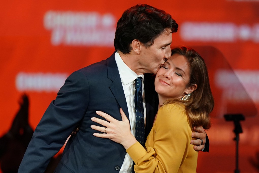Liberal leader and Canadian Prime Minister Justin Trudeau kisses his wife Sophie Gregoire Trudeau before his victory speech. Photo: Reuters