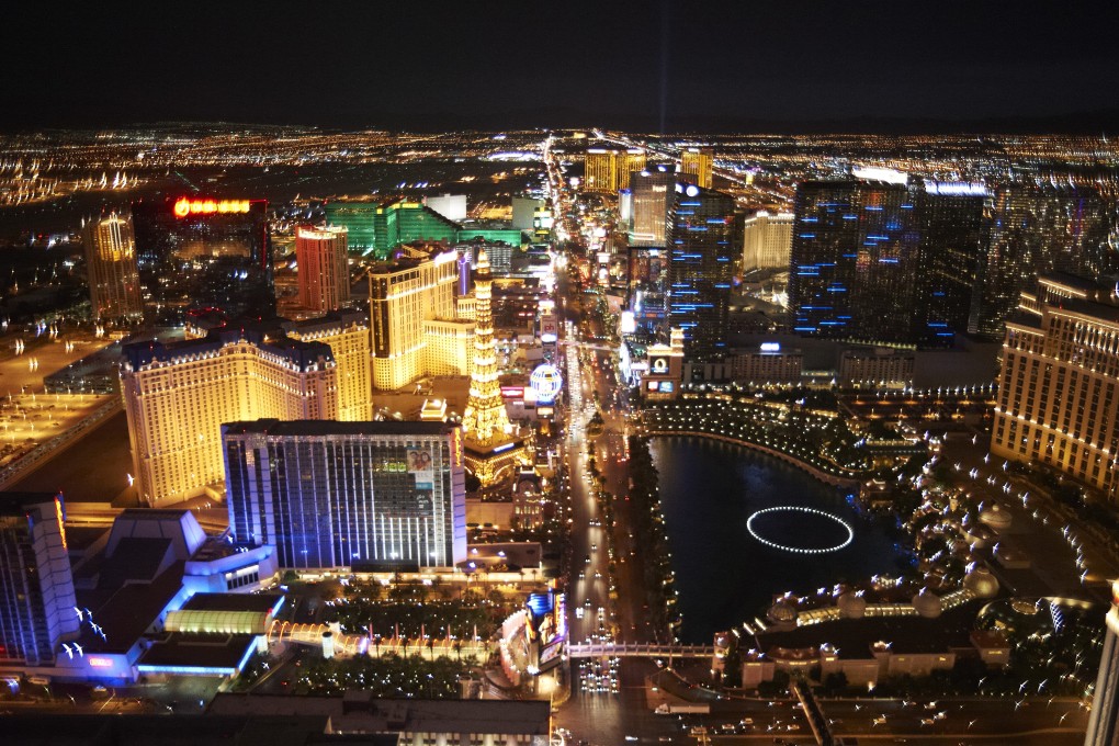 Aerial view of The Strip in Las Vegas at night in Nevada on September 30, 2015. Photo: Corbis