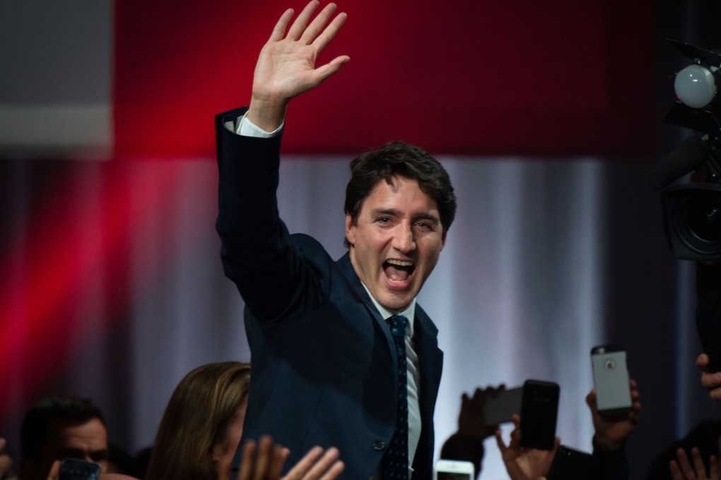 Prime Minister Justin Trudeau celebrates his victory with his supporters at the Palais des Congres in Montreal. Photo: AFP