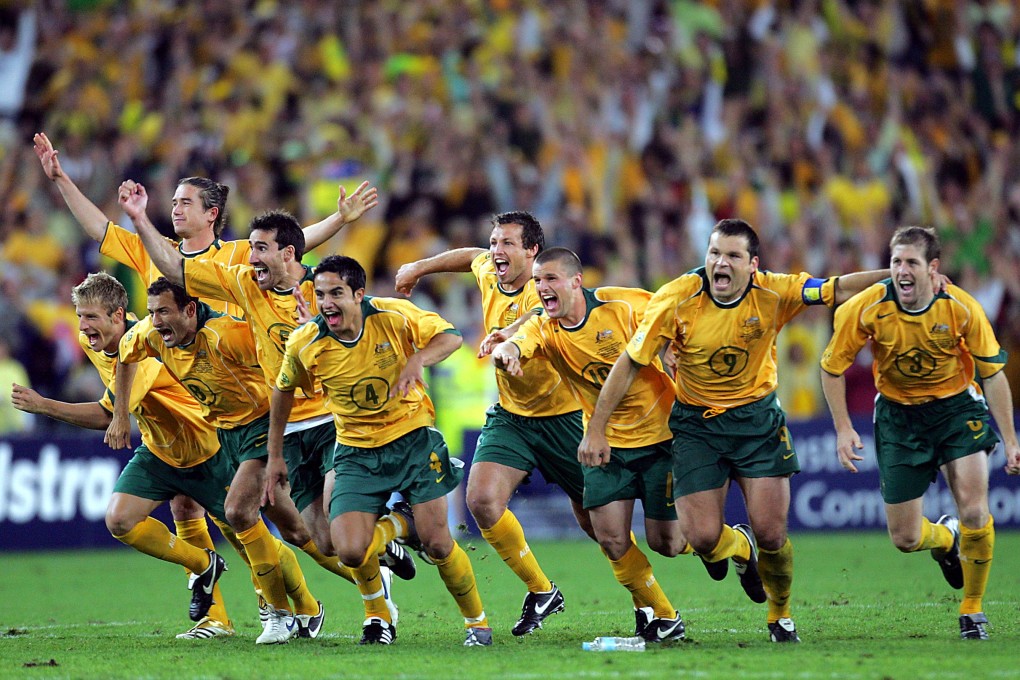The Australian Socceroos celebrate after defeating Uruguay in the Fifa World Cup qualifying play-off at Stadium Australia in Sydney in November 2005. Photo: AFP