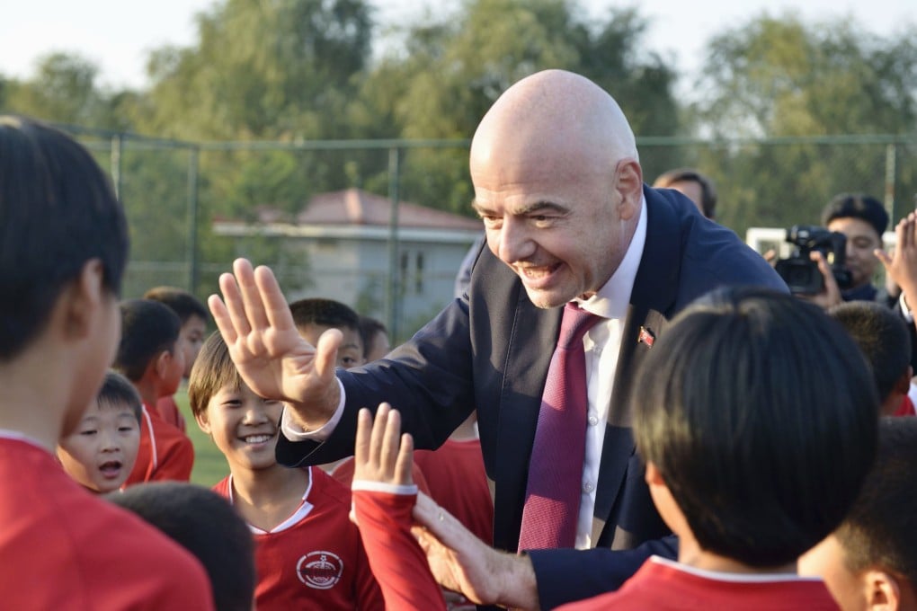 Fifa’s Gianni Infantino visits a football school in Pyongyang, North Korea. Photo: Kyodo