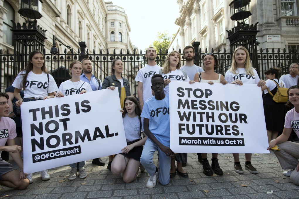 Campaigners from Our Future, Our Choice, a pro-European Union youth group, protest outside Downing Street in London on August 28. Photo: AP