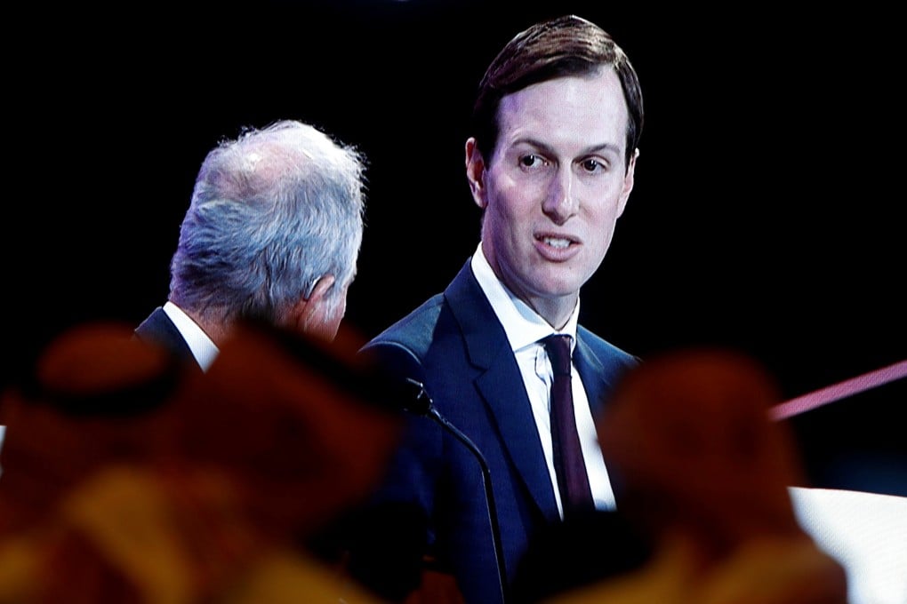 White House senior adviser Jared Kushner is seen on a screen as he attends the Future Investment Initiative conference in Riyadh, Saudi Arabia, on Wednesday. Photo: Reuters